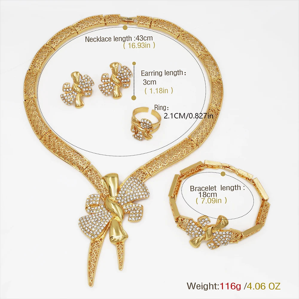 Conjunto de Joias Femininas Banhadas a Ouro 18k, Design Clássico, Colar, Brinco, Pulseira e Anel, Conjunto de 4 Peças, Joias para Festa de Casamento, Itália
