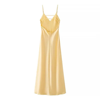 Women Summer Yellow Stain V Neck Sling Dress Elegant Sleeveless Loose Maxi Robes 2025 New Ladies Party Holiday Dresses