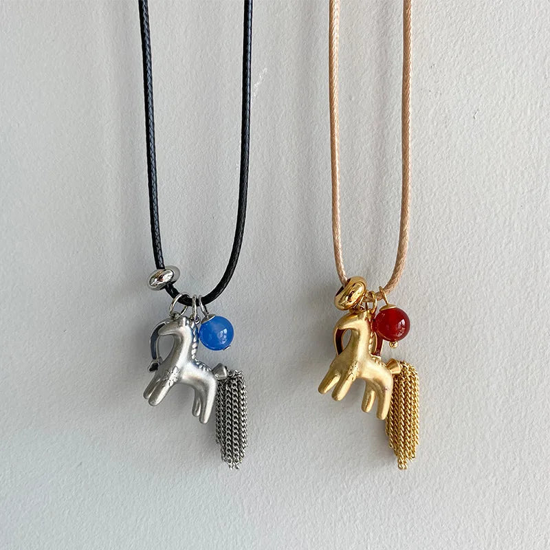 Minar Funny Metallic Cartoon Horse Multi Tassel Beads Pendant Necklaces for Women Female Adjustable Long Wax Rope Chain Chokers