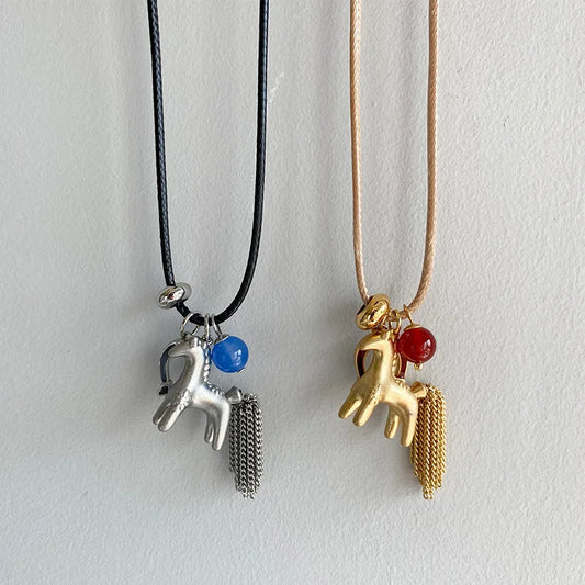 Minar Funny Metallic Cartoon Horse Multi Tassel Beads Pendant Necklaces for Women Female Adjustable Long Wax Rope Chain Chokers