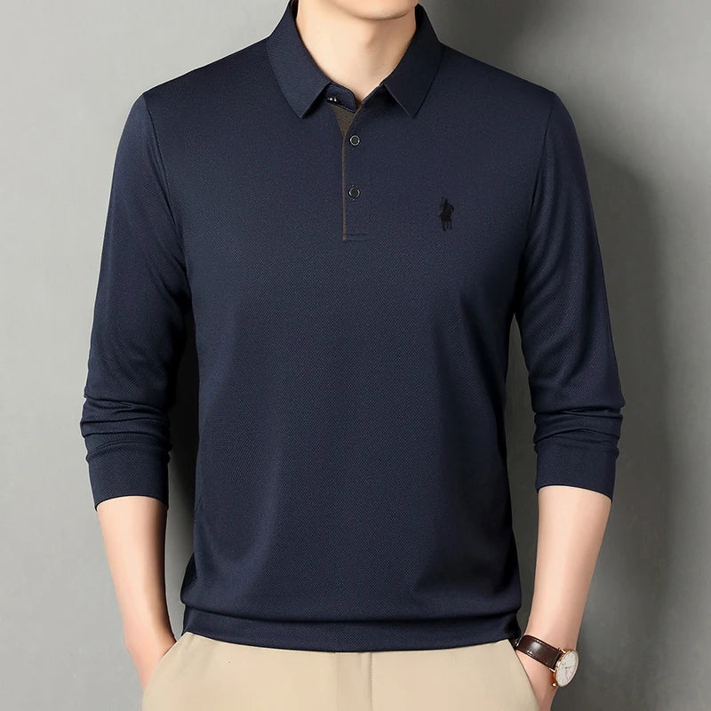 2025 Latest Autumn New Men's Long Sleeve Polo Shirt Middle Aged Business Comfortable Solid Color Men's Collar T-shirt