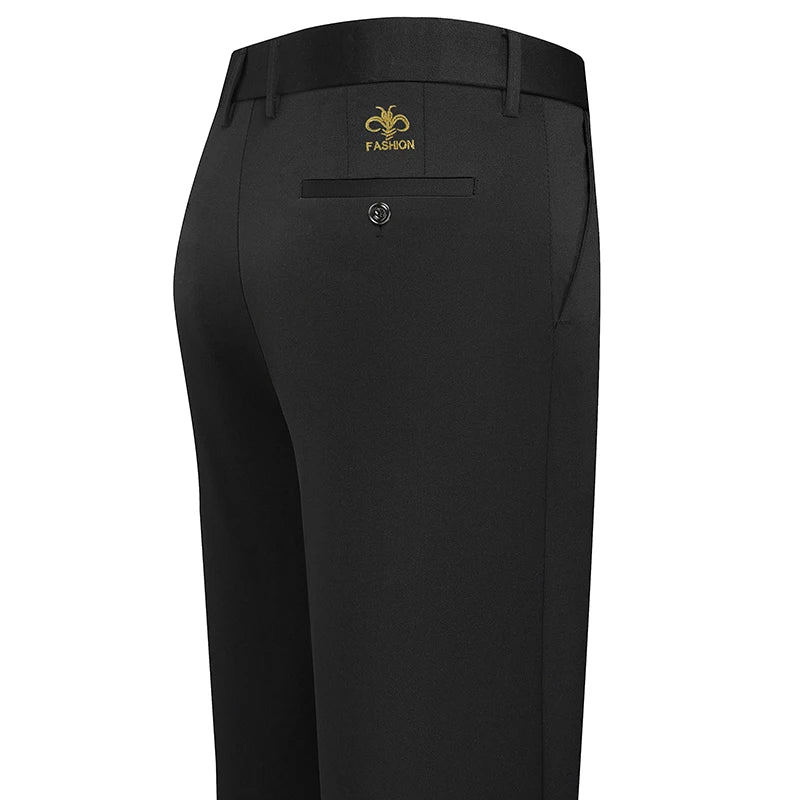 Spring Summer Mens Stretch Pants Smart Casual Suit Pants Wrinkle Resistant Dress Pants with Embroidery Pattern