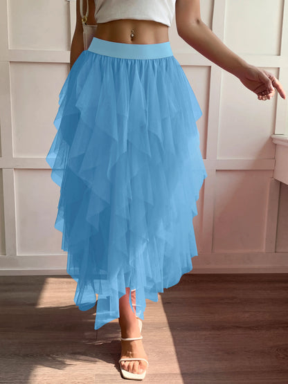 Medium waist chiffon long skirt for women, irregular layered pleated edge layered cake skirt, elegant fairy A-line skirt