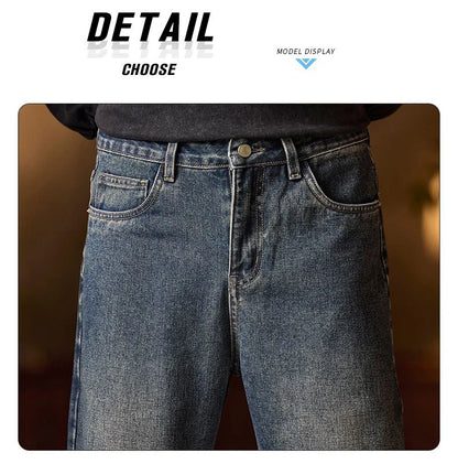 American Men's Y2K Retro Blue Denim Jeans Autumn Spring Relaxed Fit Korean Streetwear Casual Wide-leg Pants with Spliced Pockets