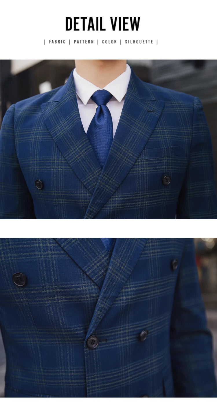 S-5XL ( Blazer + Pants ) Men's High-end Brand Formal Double Breasted Suit Gray 2 Piece Set Wedding Dress Plaid Suit Groom Party