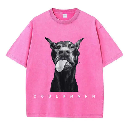 Camisetas femininas de algodão lavadas, moda criativa, estampa de Doberman, manga curta, gola redonda, folgadas, estilo destroyed, roupas femininas de rua