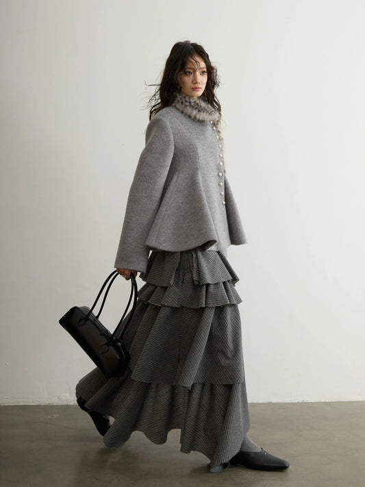 Spring Autumn Grey Striped Ruffled Asymmetrical Tiered Skirt Women Long Elegant Chic Luxury Designer Clothes Fashion