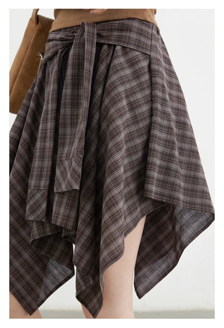 Women Skirts A Line Elastic Waist Strap Ties Irregular Plaid Half Length Skirt Female Short Skirt Woman Summer 2025