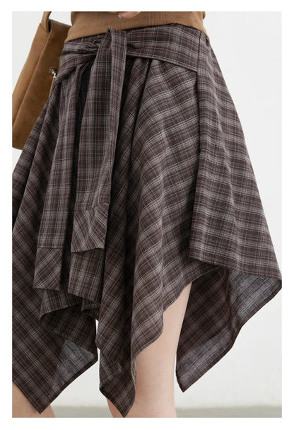 Women Skirts A Line Elastic Waist Strap Ties Irregular Plaid Half Length Skirt Female Short Skirt Woman Summer 2025