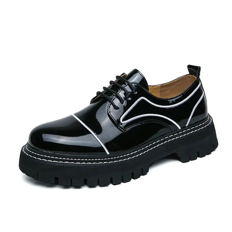 Men's Business Formal Shoes Thick Bottom Polish Leather Shiny Surface Large Size 47 round Toe Shoes Fashionable Workwear