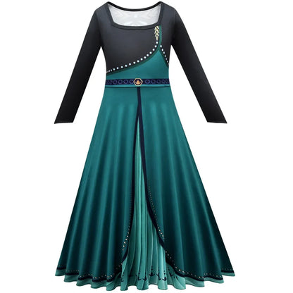 Frozen Coronation Anna Princess Girls Cosplay  Long Sleeve Costume Carnival Party Kids Cloak Clothes Birthday Print Dress