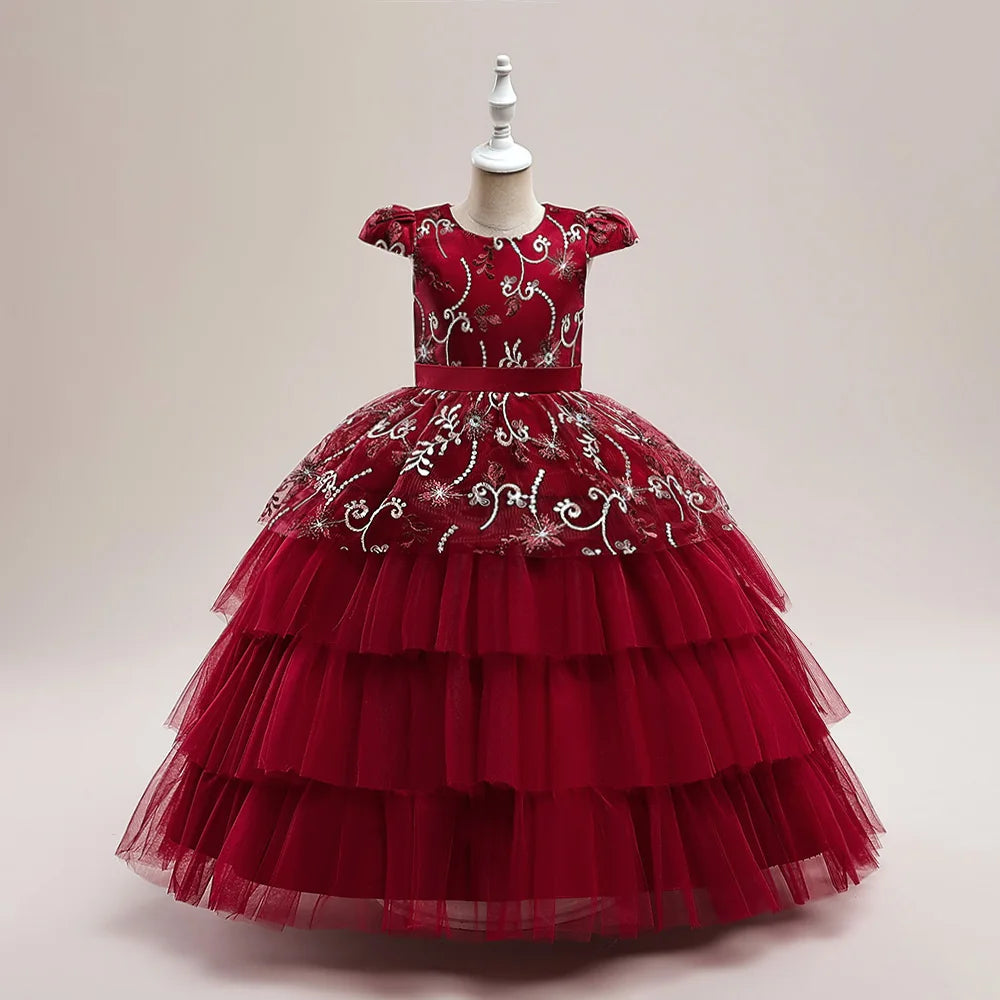 Vestidos de Festa para Meninas Daminhas de Flores de Verão Vestido Elegante de Tule para Casamento Princesa Formatura Vestido Infantil para Menina com Laço para Aniversário e Noite