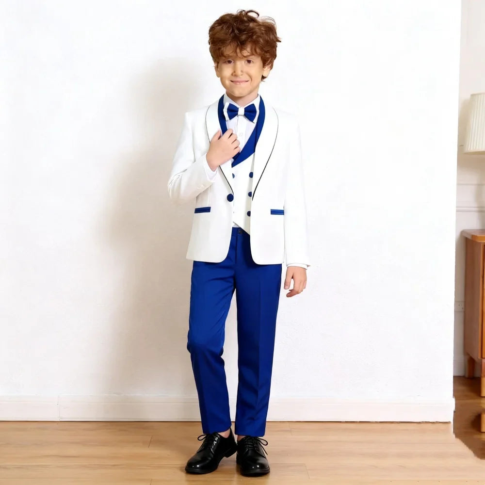 Classic White & Royal Blue Tuxedo Set for Boys 3-14 Yrs Communion Suit Jacket Vest Pants Bow Tie Elegant Shawl Collar Children