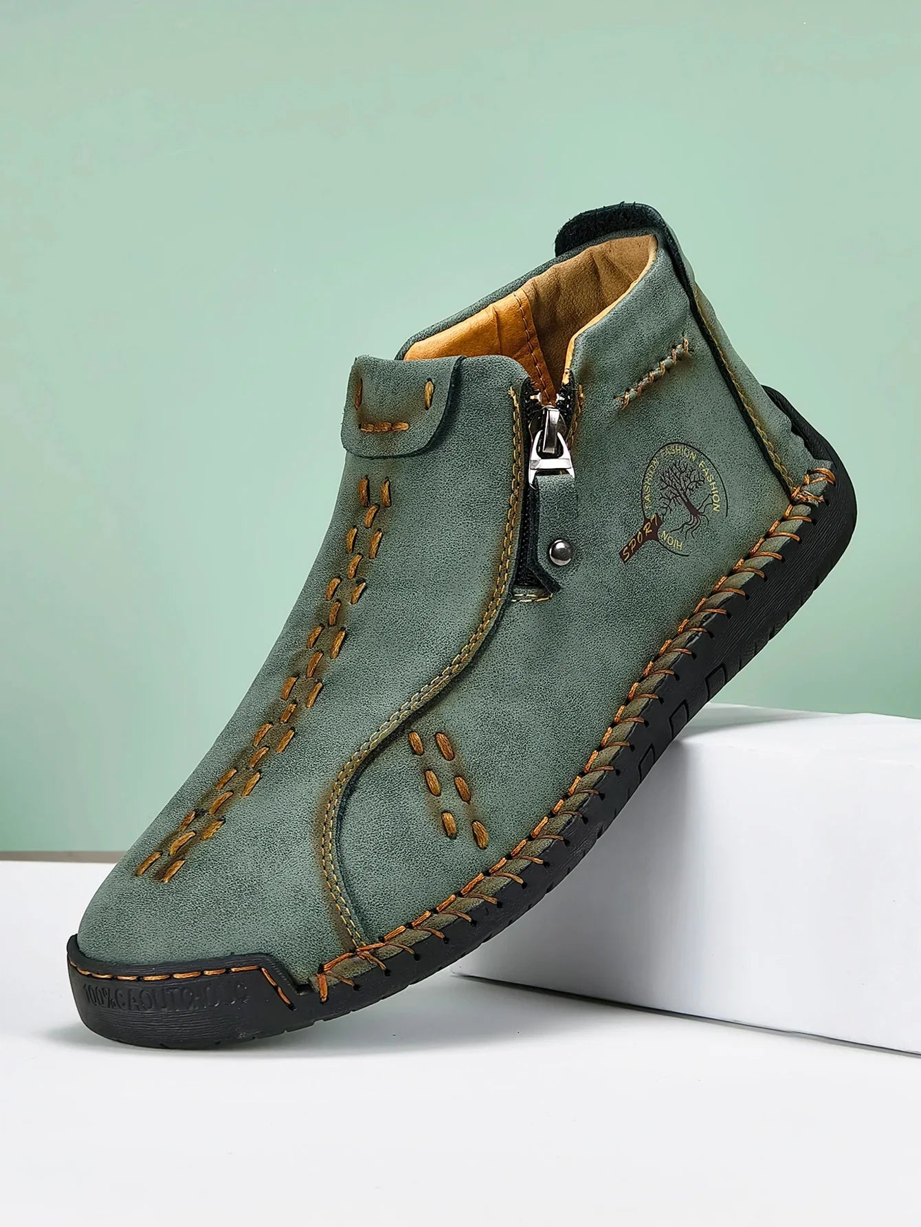 Sapatos Masculinos Clássicos de Couro Feitos à Mão, Design com Zíper, Tênis Esportivos para o Ar Livre, Sapatos Casuais Respiráveis com Elástico, Botas Masculinas de Couro no Tornozelo
