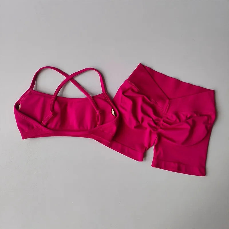 2PCS Women's High Waist Seamless Yoga Gym Set Sports Bra Top with Scrunch Shorts Fitness Workout Sportswear