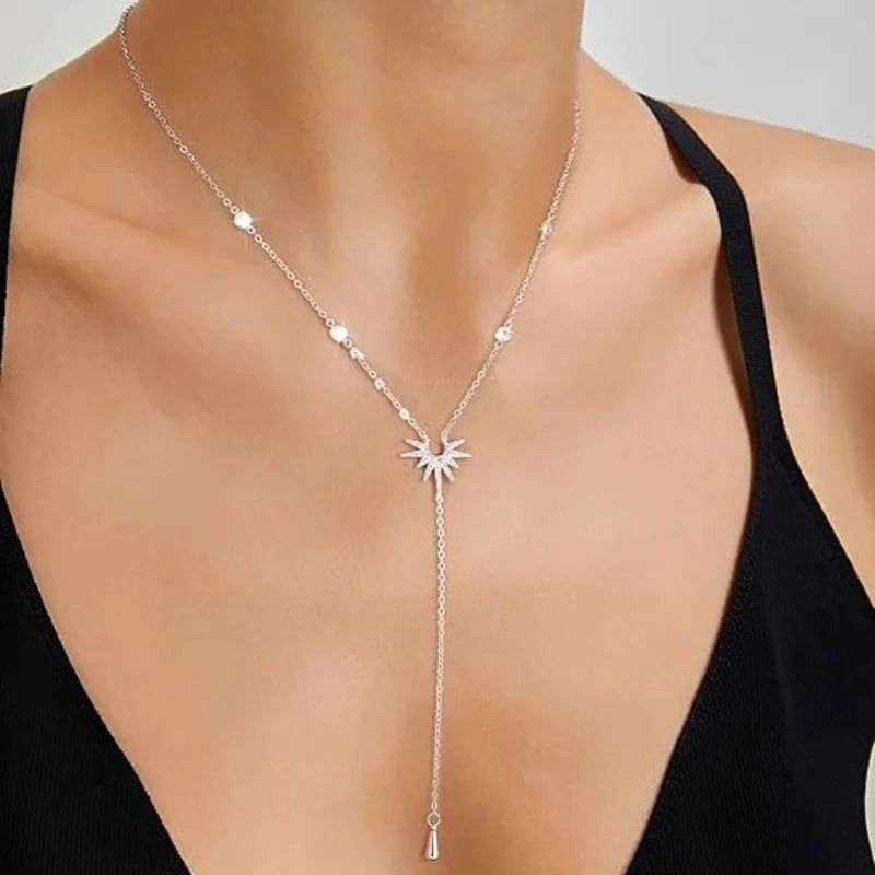 Fashion Gold Color Y-Shaped Pendant Necklaces For Women Girls Luxury Cubic Zirconia Long Tassel Dangle Choker Jewelry Gift