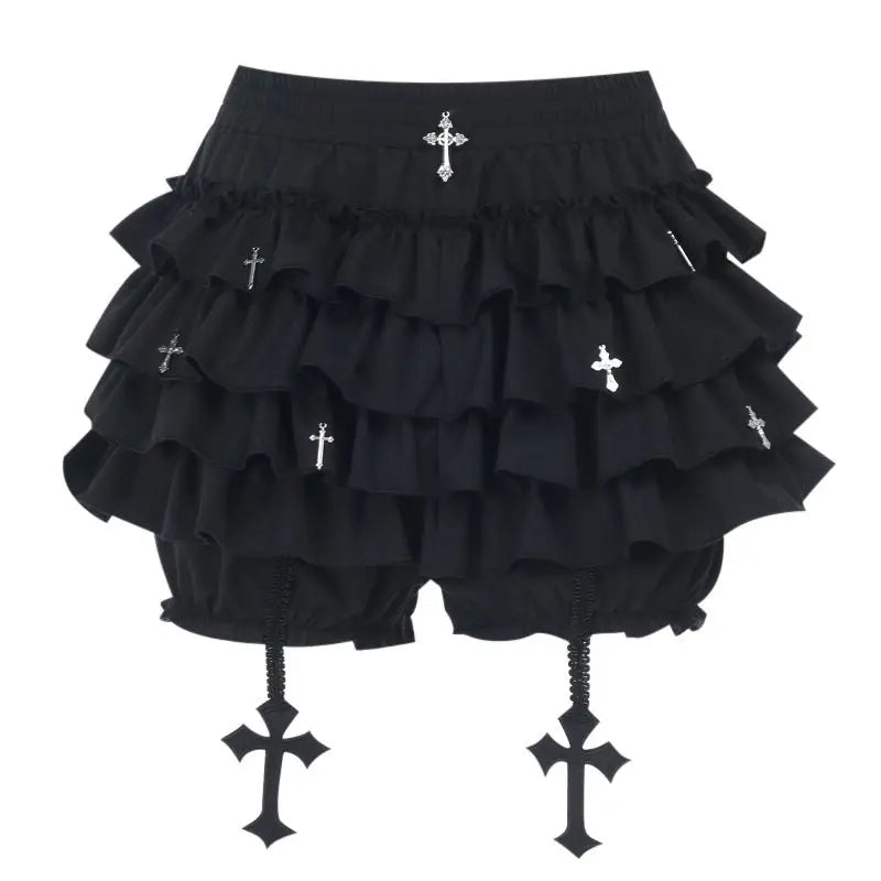 2026 Summer New Arrival Hot Girl Trendy Versatile Mini Skirt Dark Cross DesignTiered Cake Black Fluffy Skirts