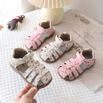 Summer Toddler Girls Floral Closed Toe Sandals Anti-collision Kids Sandal Lovely Hook-loop Sweet Children Beach Shoes 21-30