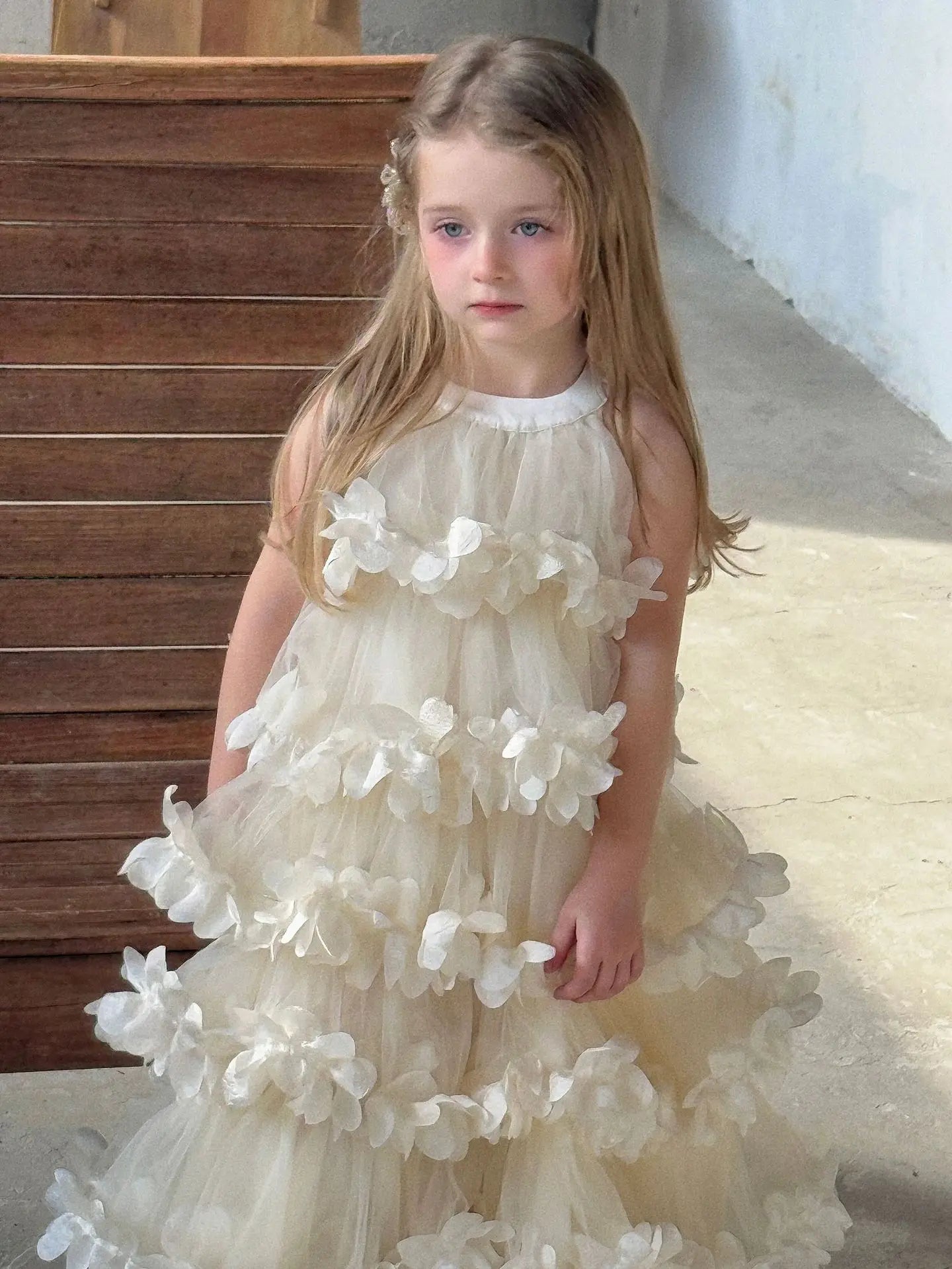 2025 Spring Summer New Children Clothing Girls Neck Hanging Flower Layered Long Dress Korean Children Birthday Princess Dress