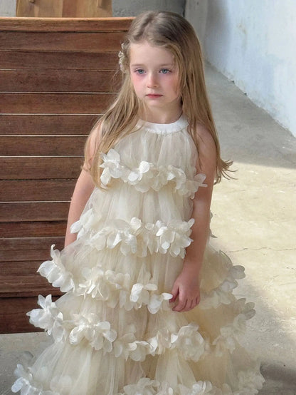 2025 Spring Summer New Children Clothing Girls Neck Hanging Flower Layered Long Dress Korean Children Birthday Princess Dress
