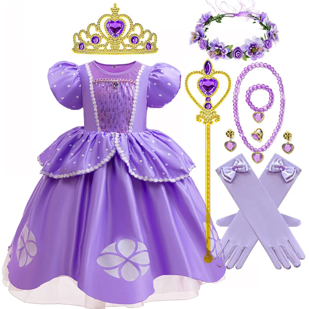 Sofia Princess Dress For Girl Summer Dress Birthday Carnival Party Sophia Sleeve Fluffy Ball Dress + Accessories
