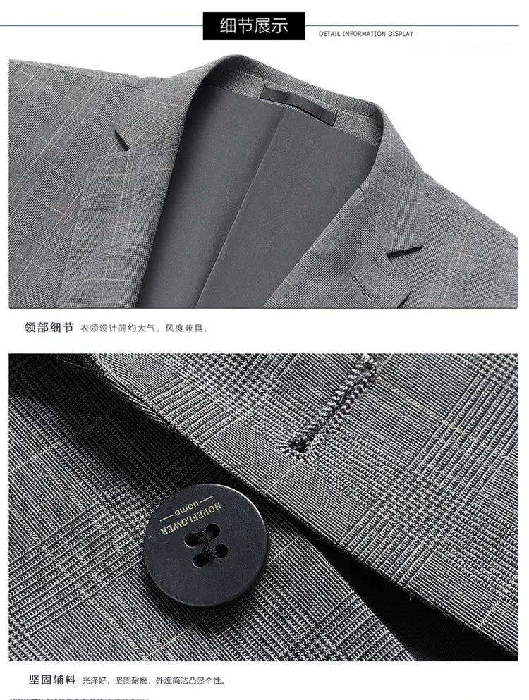 Suits (blazer+ Pants) Men Fashion Business Casual Solid Color Korean Version Slim-fit Plaid Gentleman Wedding Work S-5XL