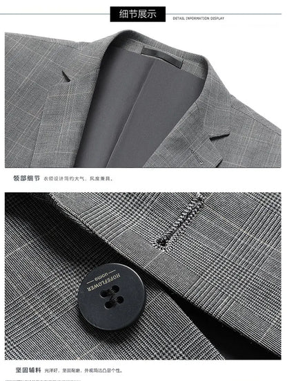 Suits (blazer+ Pants) Men Fashion Business Casual Solid Color Korean Version Slim-fit Plaid Gentleman Wedding Work S-5XL
