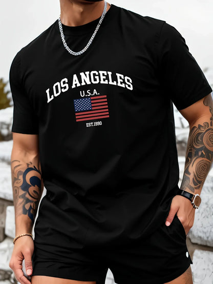 Vintage Los Angeles USA Flag Print on Premium 100% Cotton Mens T shirt Perfect for Summer West Coast Streetwear and Casual Style