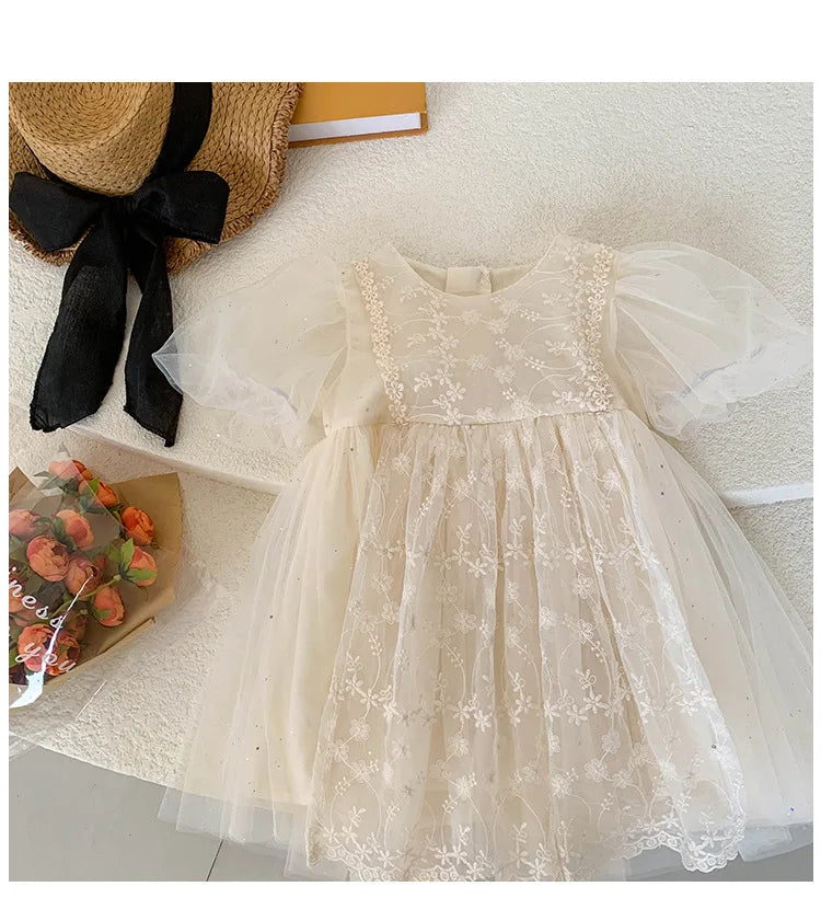Kid Girl White Short Sleeve Dress Delicate Floral Embroidery Puff Mesh Sleeves and Tulle Overlay Skirt for Children Casual Wear