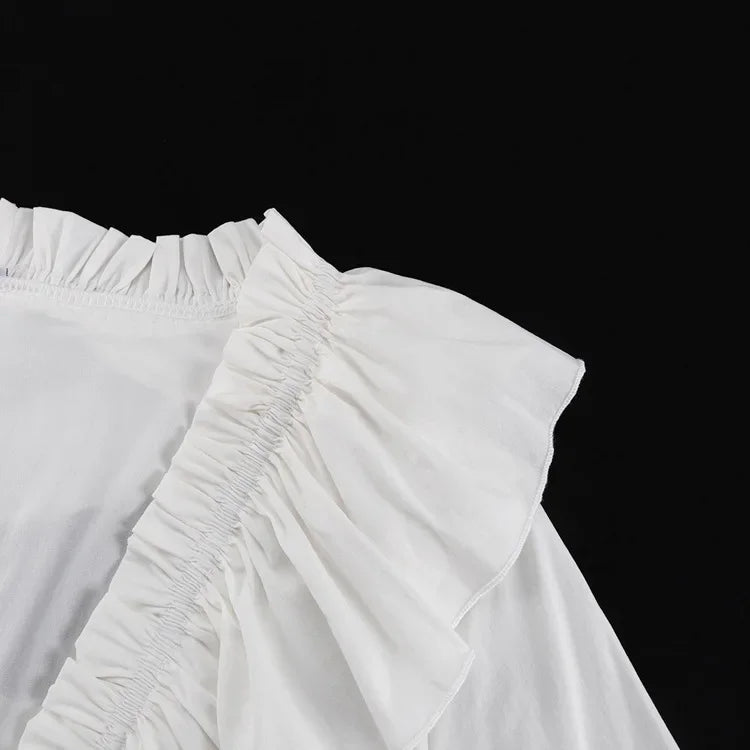 White Ruffle Bandage Mini Dress Women's Elegant Patchwork Long Sleeve Dress New Slim V Neck Lace Up Summer Mini Dress