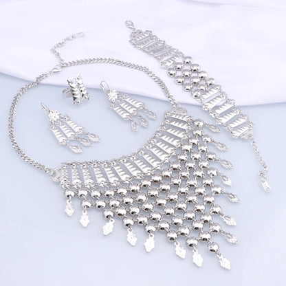 Novo Conjunto de Joias Banhado a Prata com Franjas, Colar, Brincos, Pulseira e Anel para Mulheres, Correntes de Noiva, Joias de Casamento Étnicas, Presentes para Noivas
