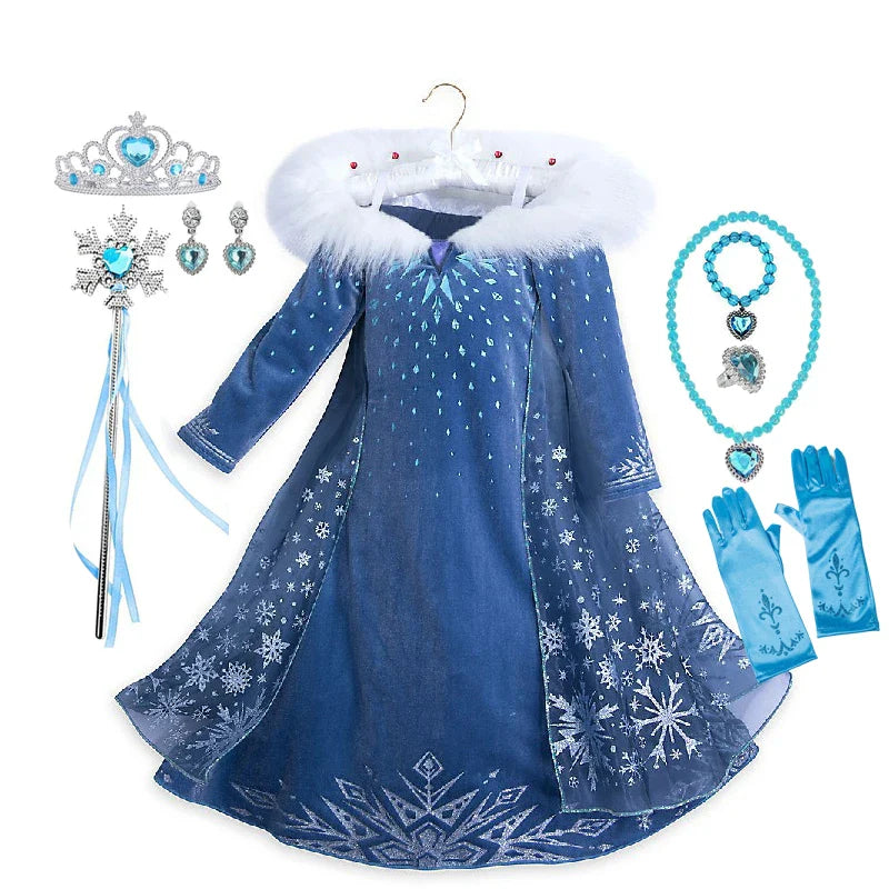 Girls Cosplay Frozen Elsa Princess Dress Children Winter Fill Sleeve Snow Queen Costume Kids Carnival Birthday Party Dresses