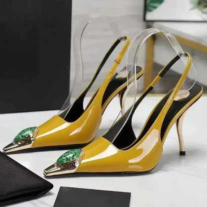 Luxury Metal Jewel Decoration Heels Women 2025 Sexy Pointed Toe Patent Leather Women Pumps Elegant Banquet High Heeled Sandals