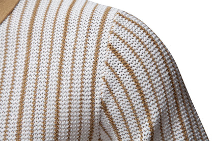 2025 Men's Striped Mesh Polo Shirt - Breathable Contrast Panel Knit Top with Turn-Down Collar