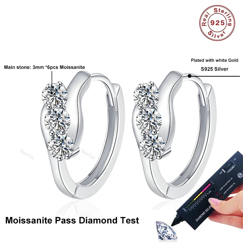 D Color Moissanite Hoop Earrings For Women Wedding Bridal S925 Sterling Silver Stud Earring Wedding Gemstone Jewelry