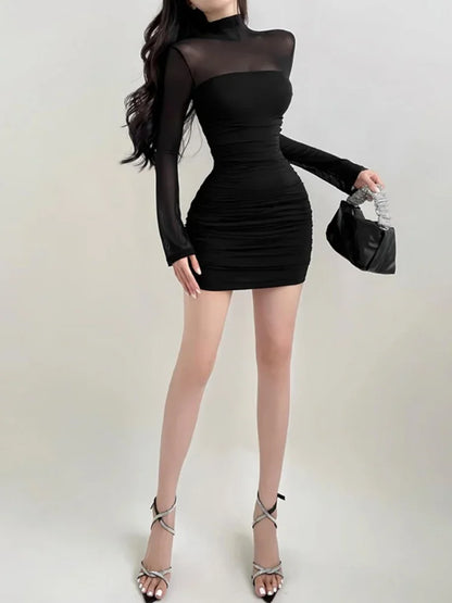 See Through Black Bodycon Dress For Women Clothing Slim Sexy Streetwear Long Sleeve Vestidos De Mujer Patchwork Fashion Outfits