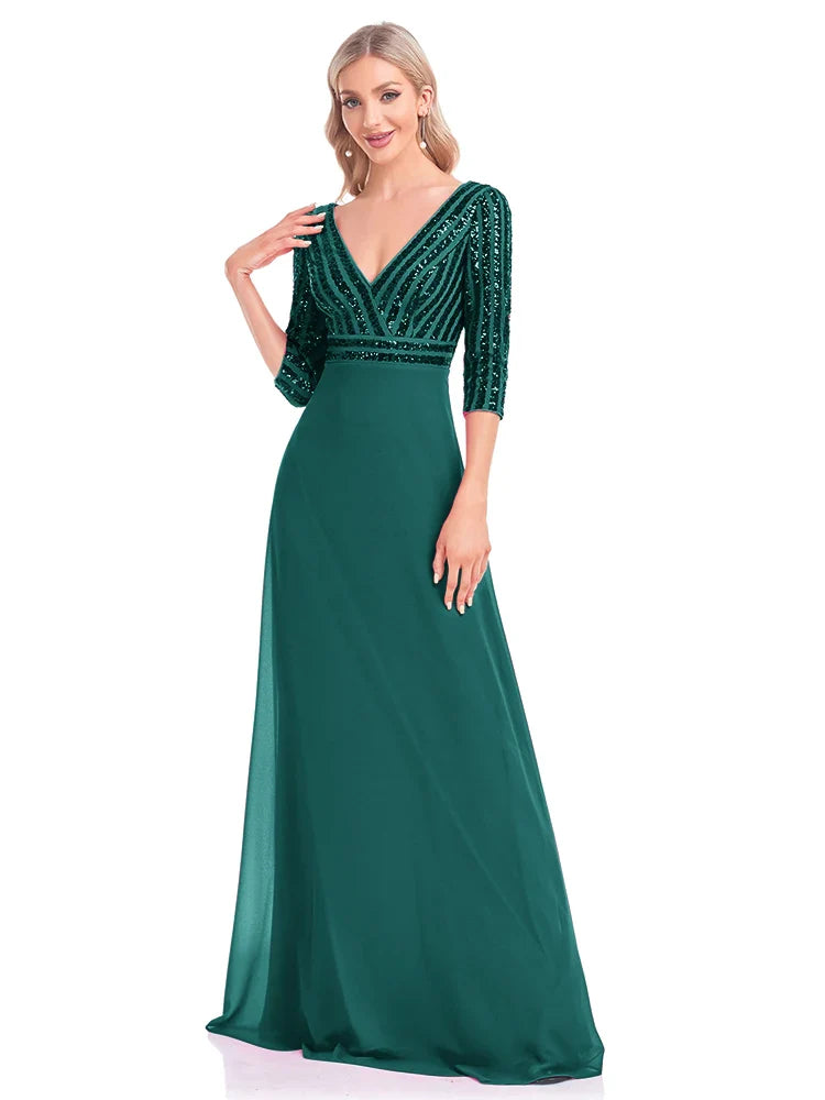 Elegant Sequined Long Sleeve Gown V Neck Pink Evening Dress Wedding Party Graduation Prom Dresses For Women 2025