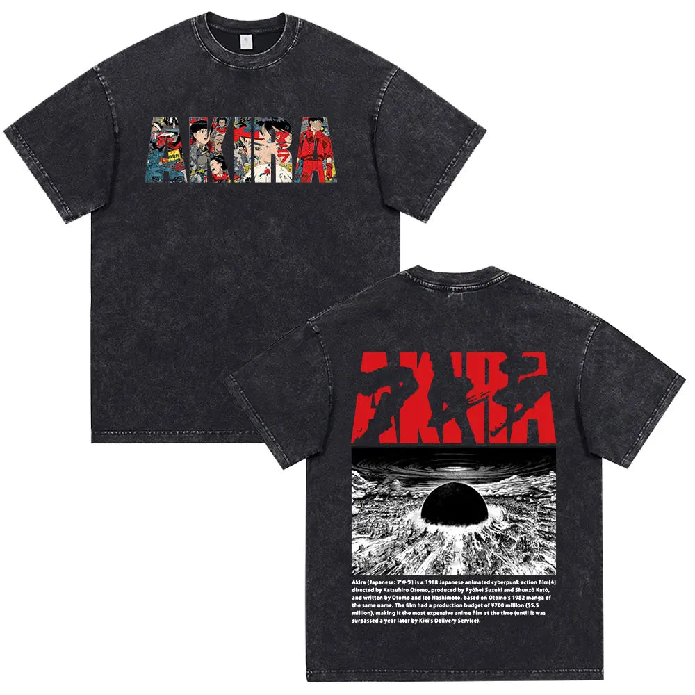 Japanese Anime Akira Washed Vintage T Shirt Science Fiction Cartoon Movie Shotaro Kaneda T-shirt Men Women Cotton Casual T-shirt