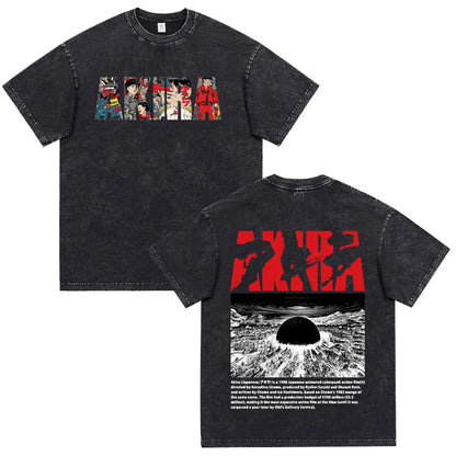 Japanese Anime Akira Washed Vintage T Shirt Science Fiction Cartoon Movie Shotaro Kaneda T-shirt Men Women Cotton Casual T-shirt