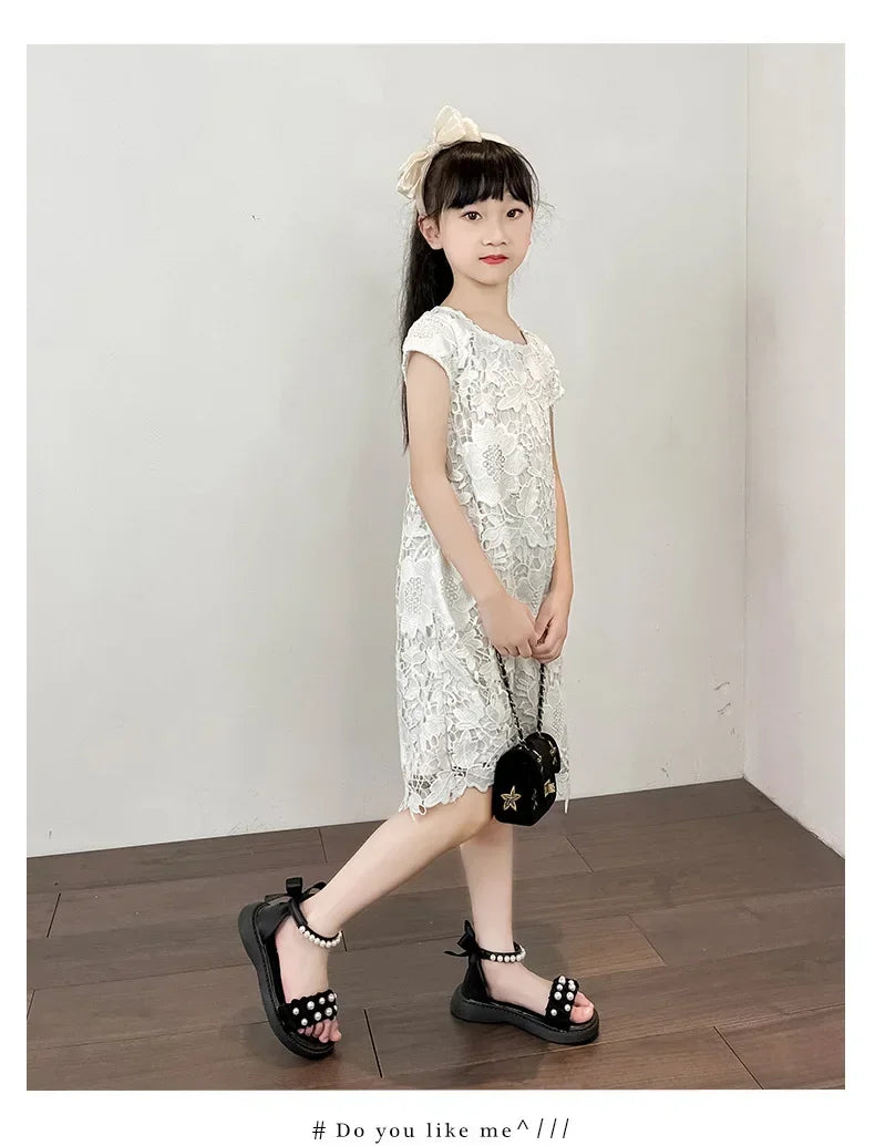 Children's Sandals Summer Bowtie Princess Shoes for Girls Fashion Sweet Kids Causal Pearl Roman Sandals Solid Color Hook Loop