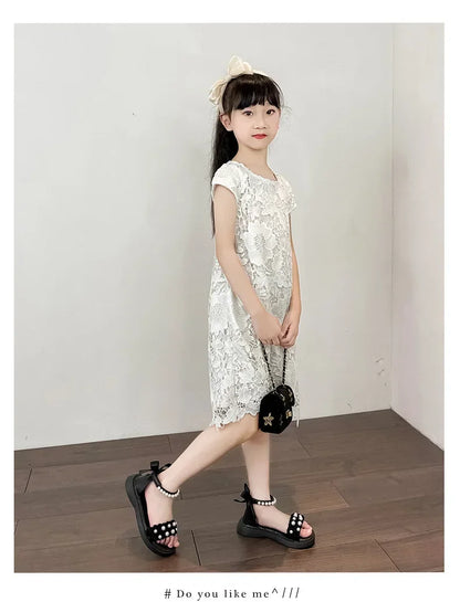 Children's Sandals Summer Bowtie Princess Shoes for Girls Fashion Sweet Kids Causal Pearl Roman Sandals Solid Color Hook Loop