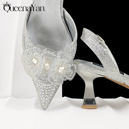 Elegant Silver Pointed-Toe High Heels Shoes with Diamond Accents & Matching Bag - Ideal for Party Elegance