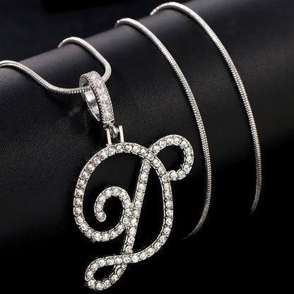 Fashion 26 Cursive Initial Letter Zircon Pendant Necklace For Women Shiny Crystal Alphabet Rope Chain Necklace Hip Hop Jewelry