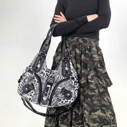 Y2K vintage hot girl personality leopard print shoulder bag with multiple compartments, Maillard crossbody handbag