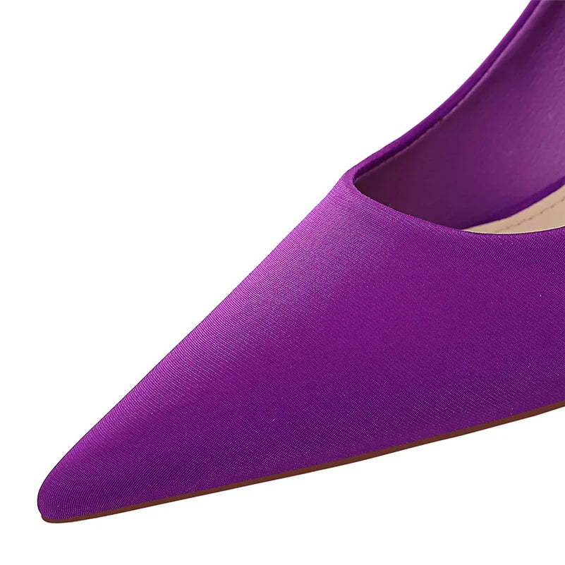 Women 7.5cm 10.5cm High Heels Scarpins Silk Satin Pumps Lady Quality Green Purple Fetish Wedding Bridal Mid Low Heels Prom Shoes