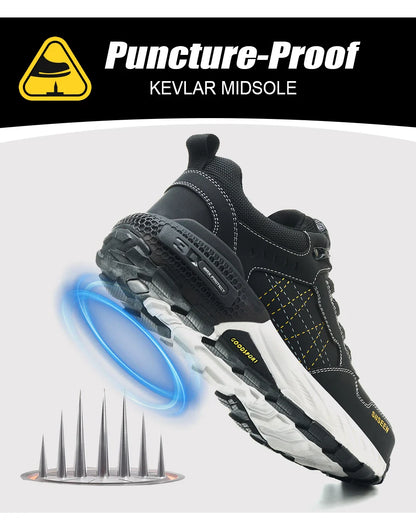 Men's safety shoes with anti - impact steel toes, puncture - resistant Kevlar, and rubber anti - slip soles for industrial work.