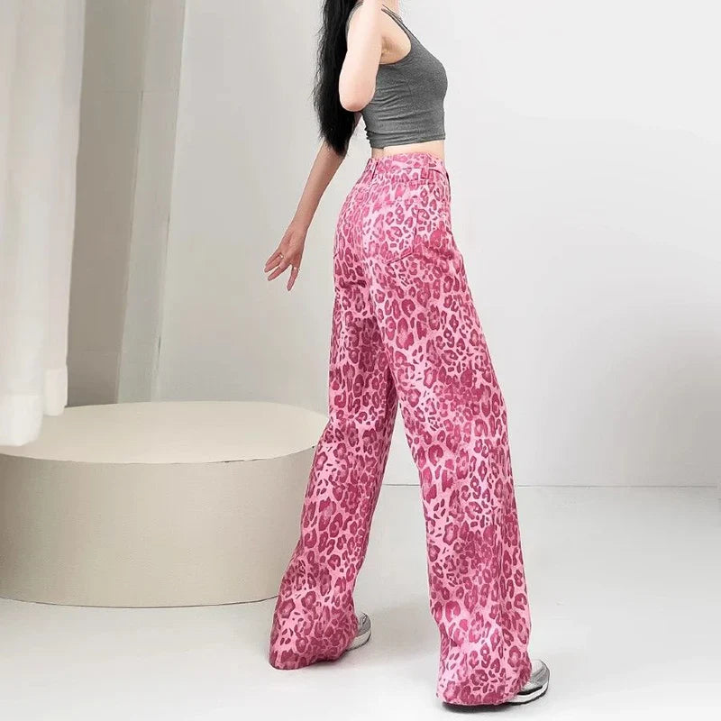 Chic Pink Leopard Print Jeans Girls High Waist Straight Leg Pants