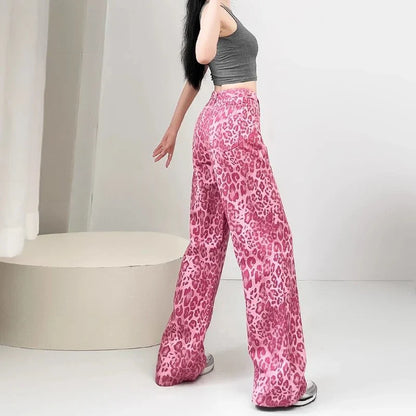 Chic Pink Leopard Print Jeans Girls High Waist Straight Leg Pants