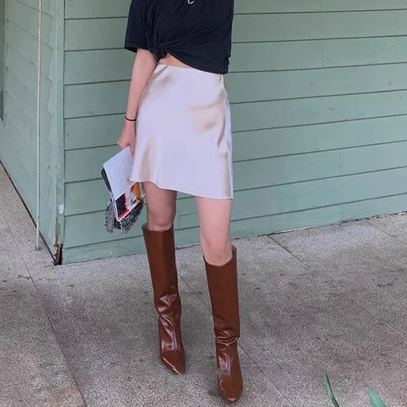 2026 Summer Lady High Waist Thin Acetate Satin Skirts Lady Solid Color A-line Dresses Girls Chic Korean Fashion Skirts