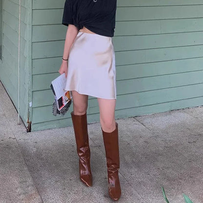 2026 Summer Lady High Waist Thin Acetate Satin Skirts Lady Solid Color A-line Dresses Girls Chic Korean Fashion Skirts